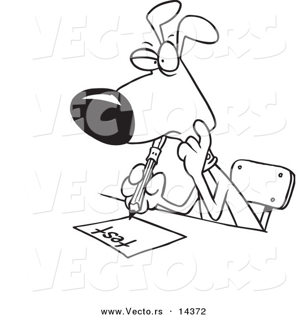 Vector of a Cartoon School Dog Taking a Test - Coloring Page Outline