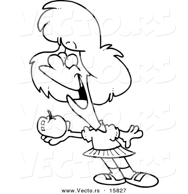 Vector of a Cartoon School Girl Holding an Apple - Outlined Coloring Page Drawing