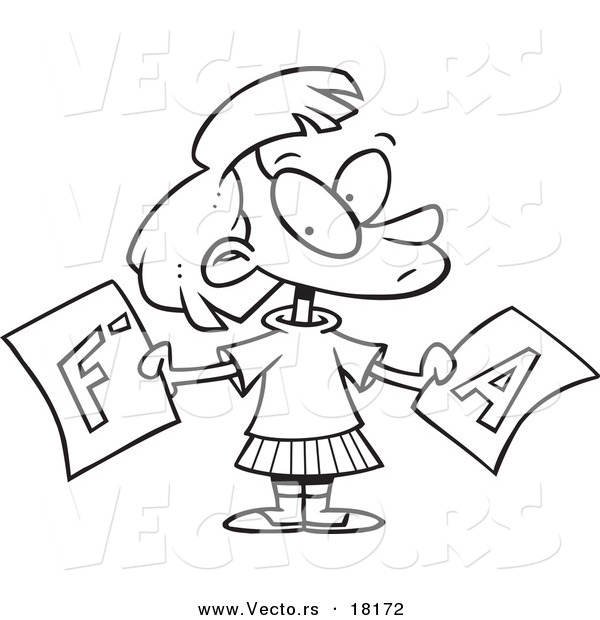 Vector of a Cartoon School Girl Holding Good and Bad Report Cards - Outlined Coloring Page