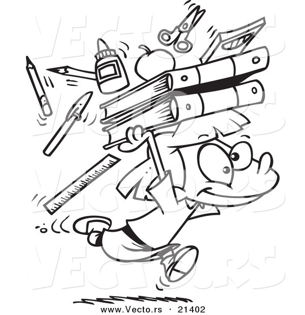 Vector of a Cartoon School Girl Running with Supplies - Outlined Coloring Page