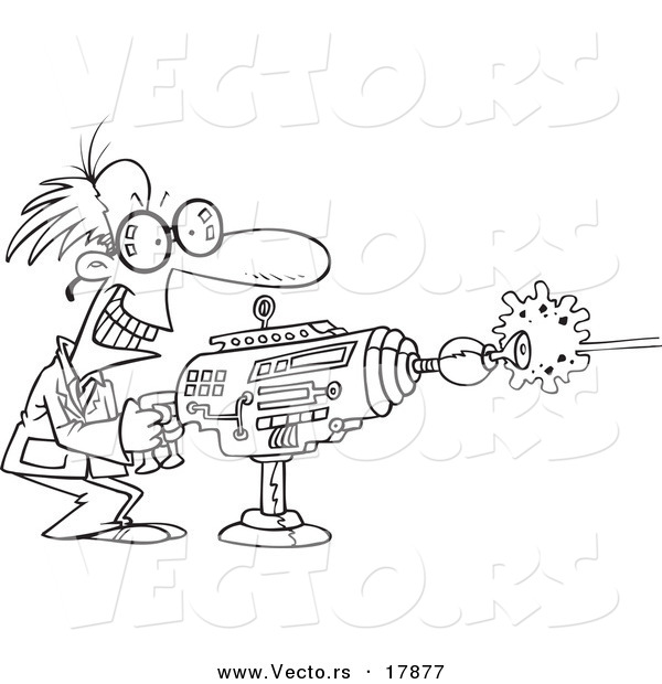 Vector of a Cartoon Scientist Using a Laser Gun - Outlined Coloring Page
