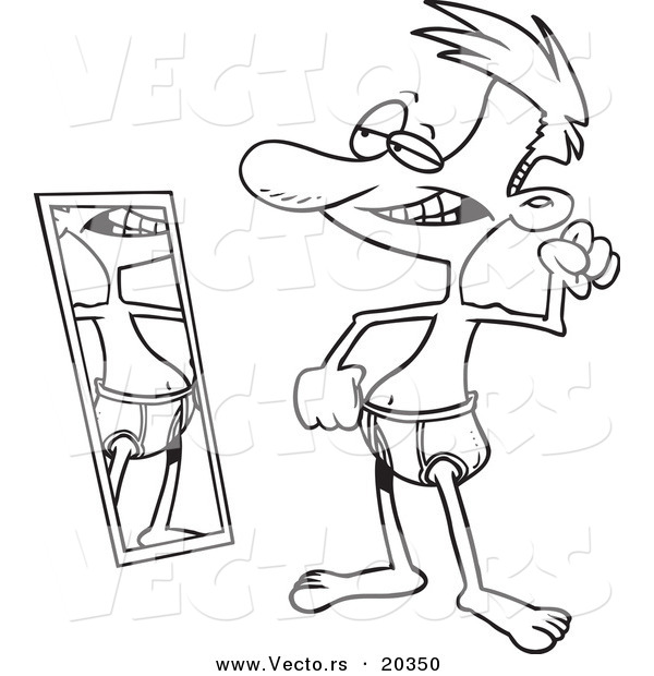 Vector of a Cartoon Scrawny Man Flexing by a Mirror - Coloring Page Outline