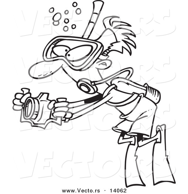 Vector of a Cartoon Scuba Man Taking Underwater Pictures - Coloring Page Outline
