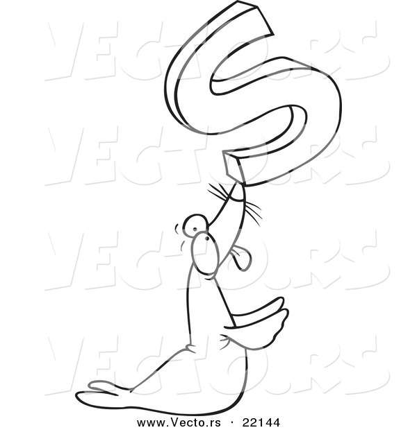 Vector of a Cartoon Seal Holding up the Letter S - Outlined Coloring Page