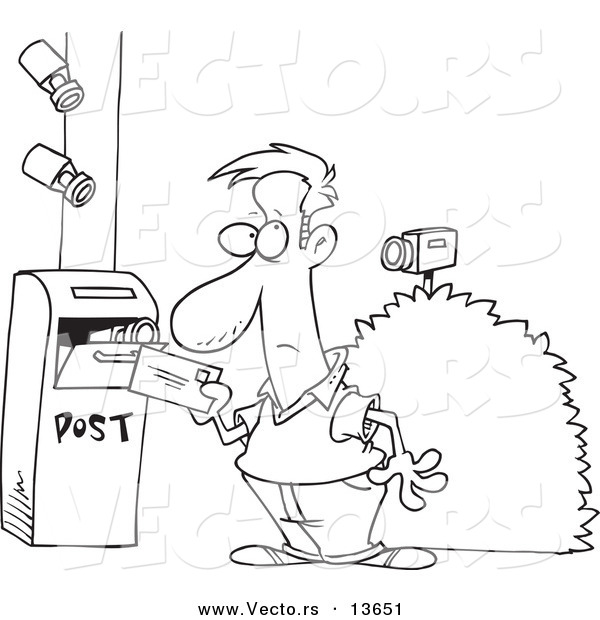 Vector of a Cartoon Security Cameras on a Man Putting a Letter in a Mail Box - Coloring Page Outline