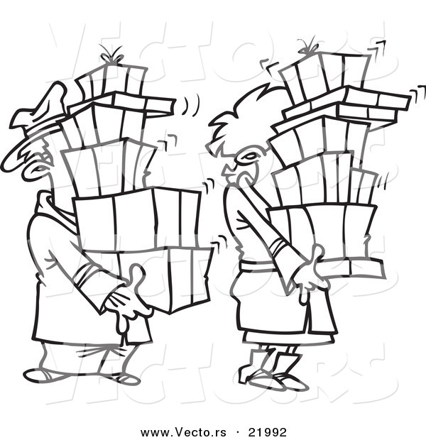 Vector of a Cartoon Shaking Couple Carrying Packages - Outlined Coloring Page