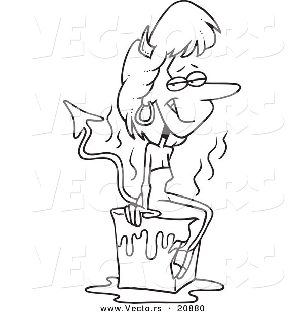 Vector of a Cartoon She Devil Cooling off on a Block of Ice - Coloring Page Outline