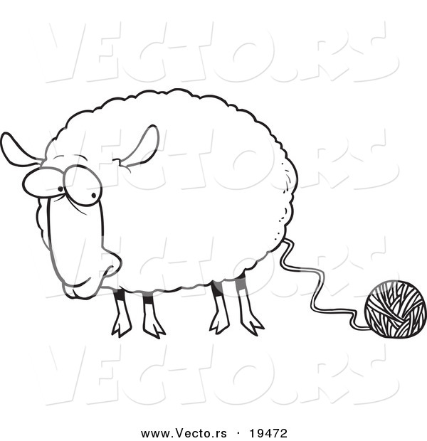 Vector of a Cartoon Sheep Connected to Yarn - Outlined Coloring Page