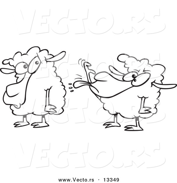 Vector of a Cartoon Sheep Sticking Its Tongue out at Another Sheep - Coloring Page Outline
