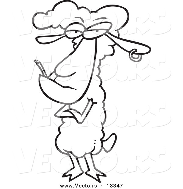 Vector of a Cartoon Sheep with an Earring and Cigarette - Coloring Page Outline
