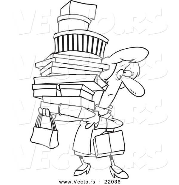 Vector of a Cartoon Shopping Woman Carrying Packages - Outlined Coloring Page
