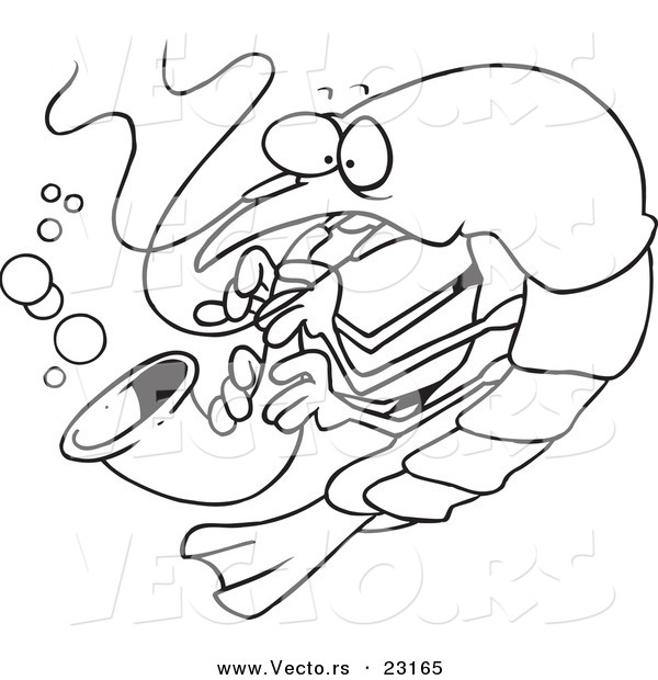 Vector of a Cartoon Shrimp Playing a Saxophone - Coloring Page Outline