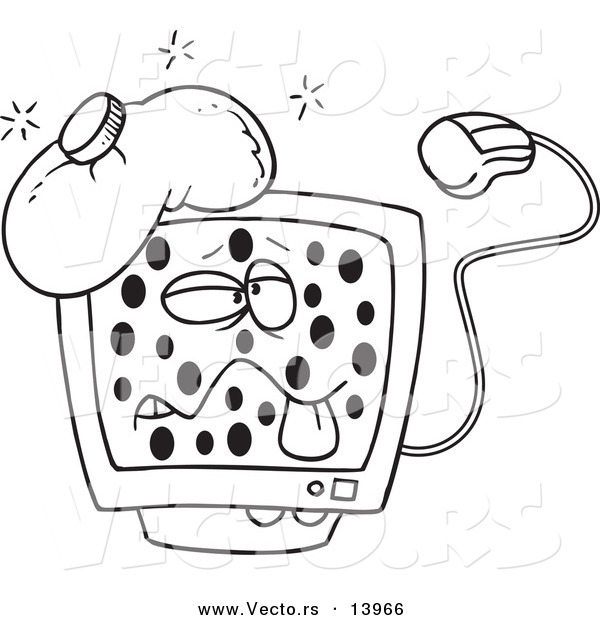 Vector of a Cartoon Sick Speckled Computer with a Virus - Coloring Page Outline