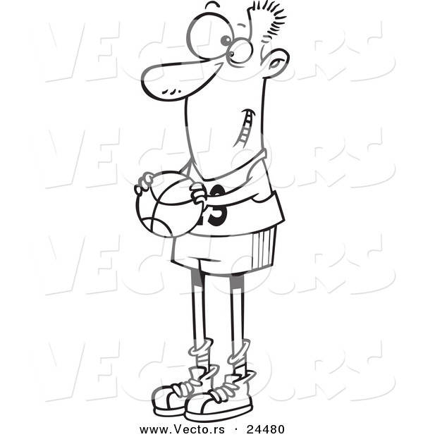 Vector of a Cartoon Skinny Basketball Player Holding a Ball - Outlined Coloring Page