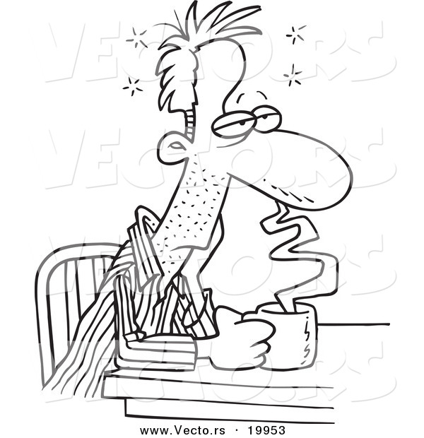 Vector of a Cartoon Sleepy Man Sitting with Coffee - Outlined Coloring Page