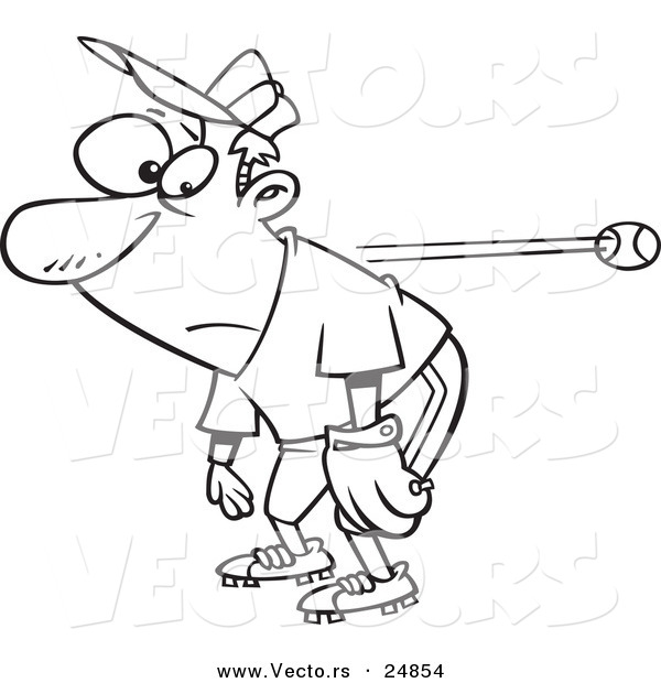Vector of a Cartoon Slow Reacting Baseball Player Ignoring the Ball - Outlined Coloring Page