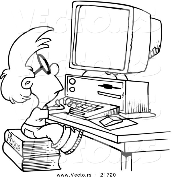 Vector of a Cartoon Smart Boy Using a Computer - Outlined Coloring Page