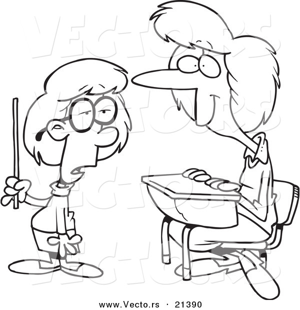 Vector of a Cartoon Smart School Girl Giving Her Teacher a Lesson - Outlined Coloring Page