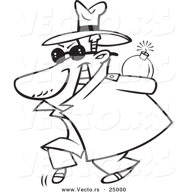 Vector of a Cartoon Sneaky Spy Carrying a Bomb Behind His Back - Outlined Coloring Page