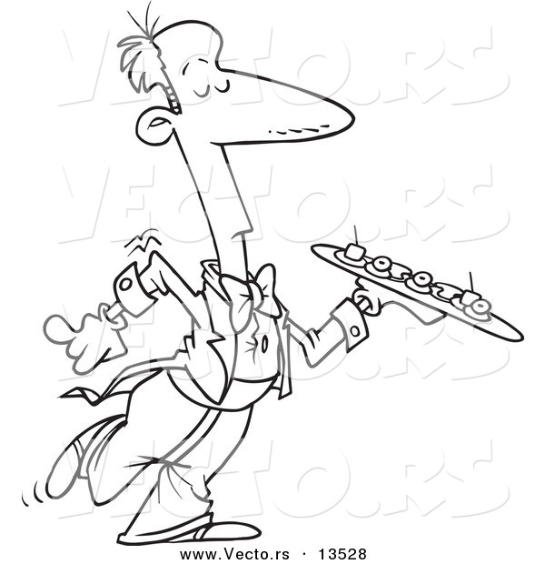 Vector of a Cartoon Snobby Waiter Carrying a Tray - Coloring Page Outline