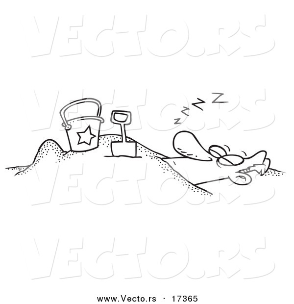 Vector of a Cartoon Snoozing Man Buried in the Sand on a Beach - Coloring Page Outline