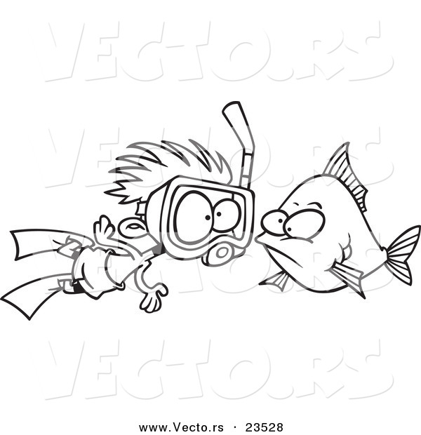 Vector of a Cartoon Snorkeler Boy by a Fish - Coloring Page Outline