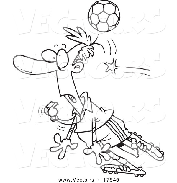 Vector of a Cartoon Soccer Ball Hitting a Referee - Coloring Page Outline