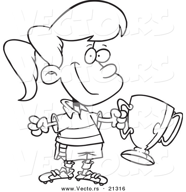 Vector of a Cartoon Soccer Girl Holding a Trophy - Outlined Coloring Page