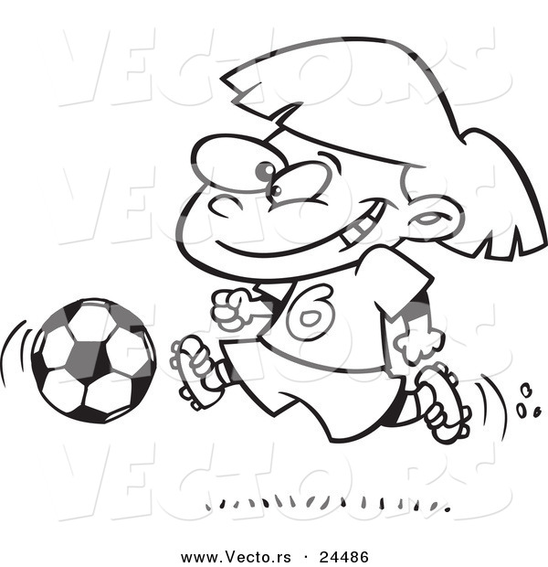 Vector of a Cartoon Soccer Girl Running - Outlined Coloring Page