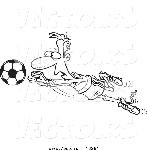 Vector of a Cartoon Soccer Goalie Leaping Towards a Ball - Outlined Coloring Page Drawing