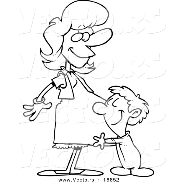 Vector of a Cartoon Son Hugging His Pregnant Mom - Outlined Coloring Page