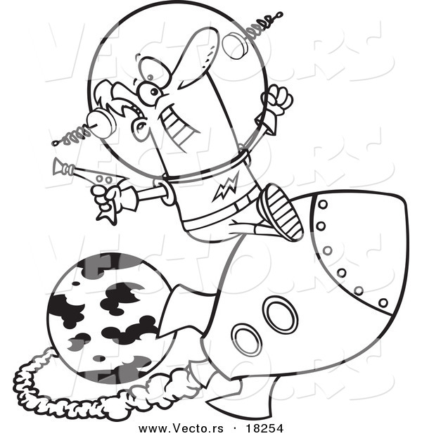 Vector of a Cartoon Space Man Riding a Rocket - Outlined Coloring Page
