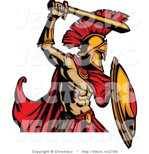 Vector of a Cartoon Spartan Roman Warrior Striking with His Sword