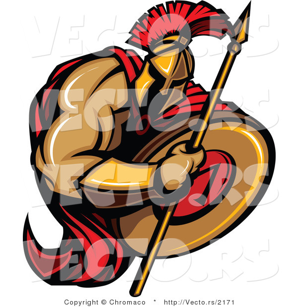 Vector of a Cartoon Spartan Warrior Holding Spear and Shield During Battle