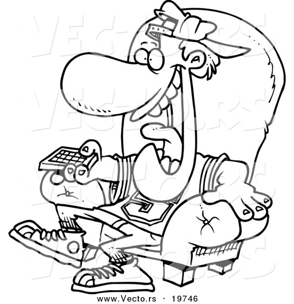Vector of a Cartoon Sports Fan Holding a Tv Remote - Outlined Coloring Page
