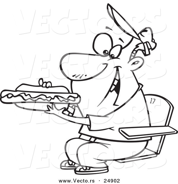 Vector of a Cartoon Sports Fan Man Eating a Hot Dog During a Game - Outlined Coloring Page