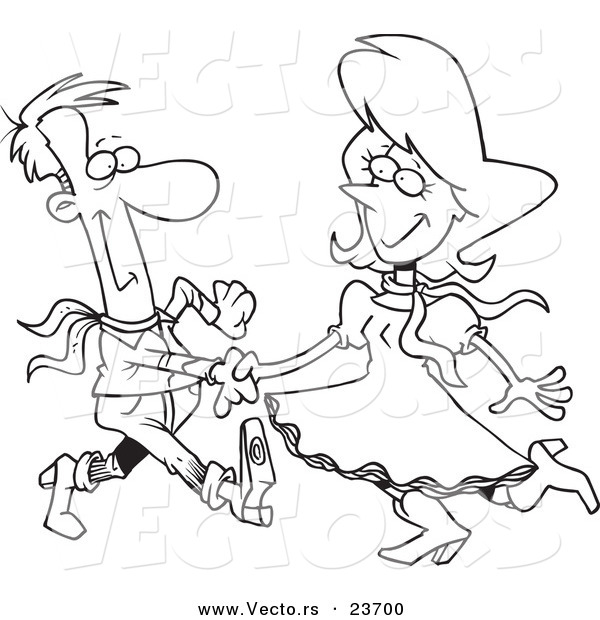 Vector of a Cartoon Square Dancing Couple - Coloring Page Outline