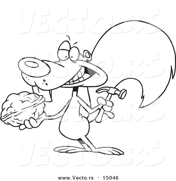 Vector of a Cartoon Squirrel Holding a Nut and Hammer - Coloring Page Outline