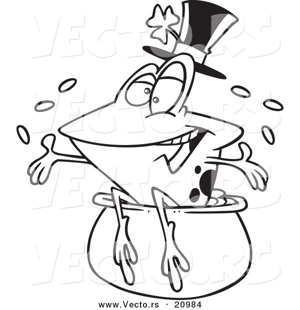 Vector of a Cartoon St Patricks Day Frog on a Pot of Gold - Coloring Page Outline