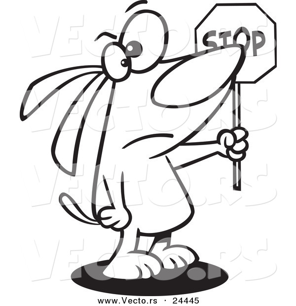 Vector of a Cartoon Stop Dog Holding a Sign - Outlined Coloring Page
