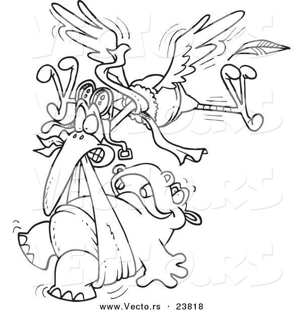 Vector of a Cartoon Stork Delivering a Baby Hippo - Coloring Page Outline