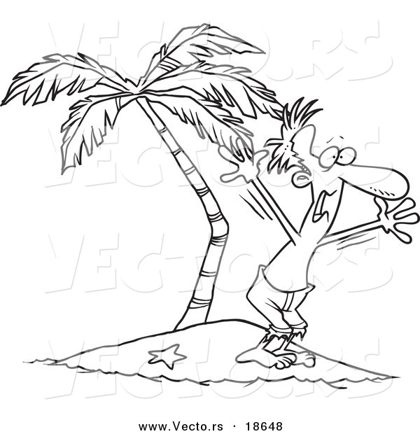 Vector of a Cartoon Stranded Man Screaming for Help - Outlined Coloring Page