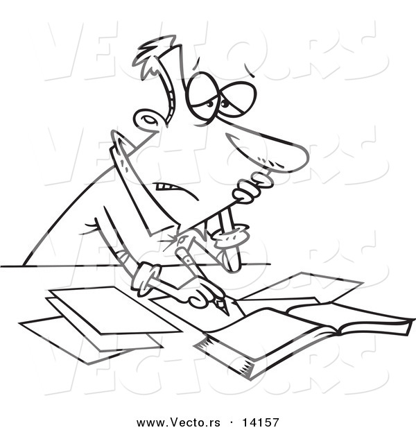 Vector of a Cartoon Stressed Businessman Doing His Taxes - Coloring Page Outline