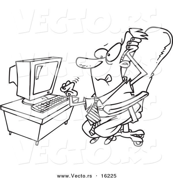 Vector of a Cartoon Stressed Businessman with a Computer Problem - Outlined Coloring Page Drawing