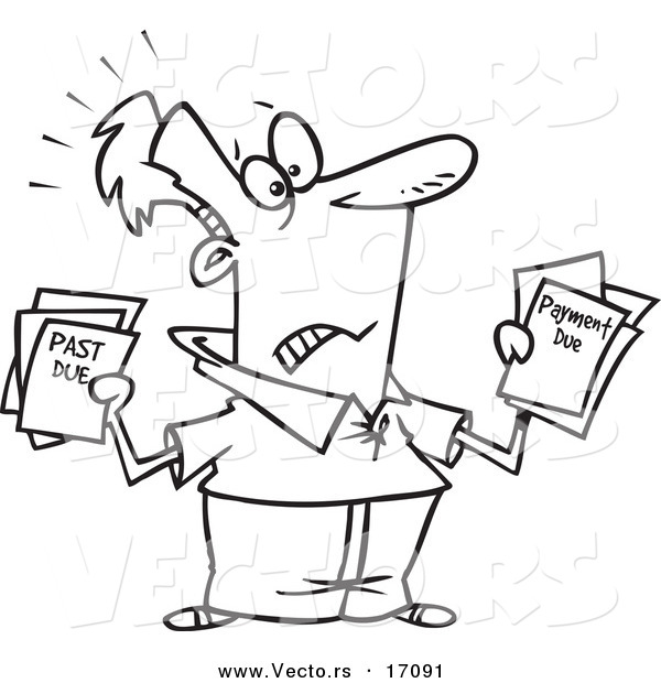 Vector of a Cartoon Stressed Man Holding past Due Bills - Coloring Page Outline