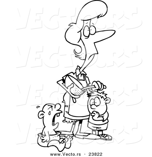 Vector of a Cartoon Stressed Mom Using a Mixing Bowl near Her Crying Baby - Coloring Page Outline