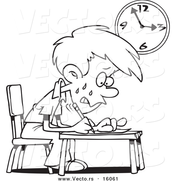Vector of a Cartoon Stressed School Boy Taking an Exam - Outlined Coloring Page Drawing
