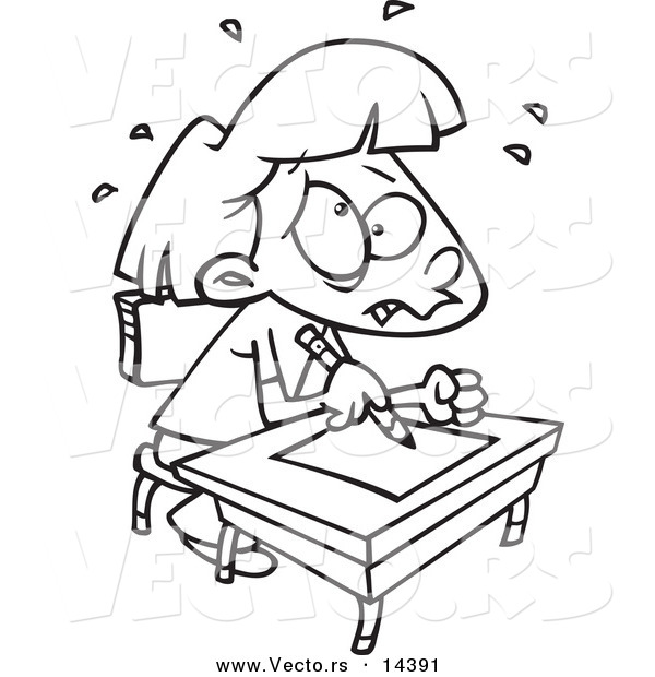 Vector of a Cartoon Stressed School Girl Taking a Test - Coloring Page Outline