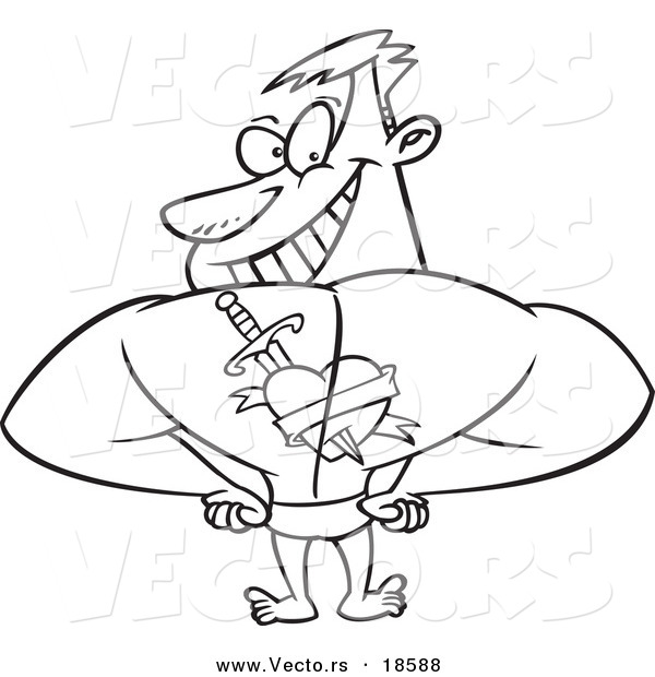 Vector of a Cartoon Strong Man Showing off the Heart Tattoo on His Back - Outlined Coloring Page