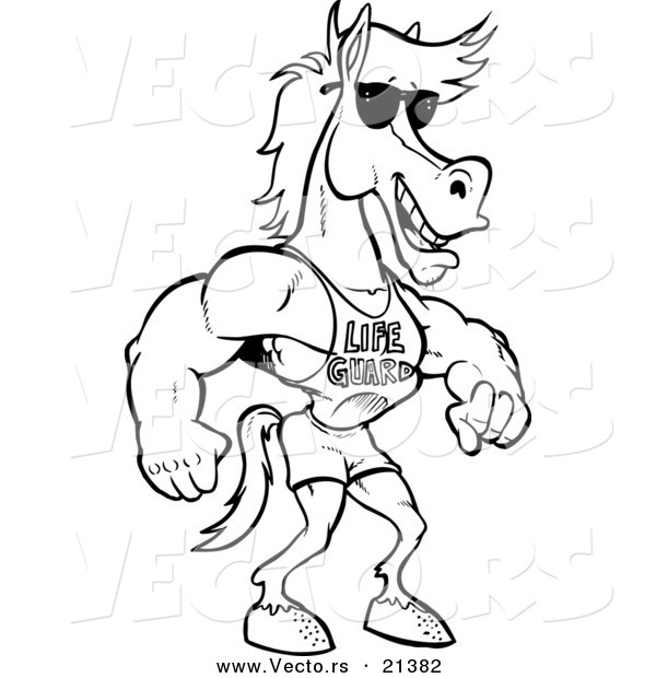 Vector of a Cartoon Studly Lifeguard Horse - Outlined Coloring Page